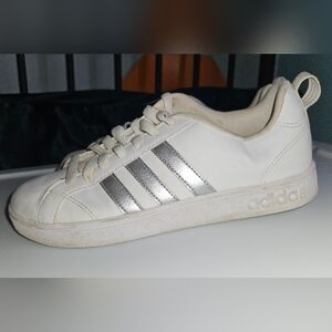 Adidas White Sneakers with Silver Stripes Size 8